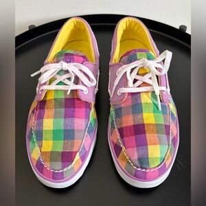 Lacoste Women’s Multicolor Plaid Boat Shoes with Purple Suede and Yellow Lining
